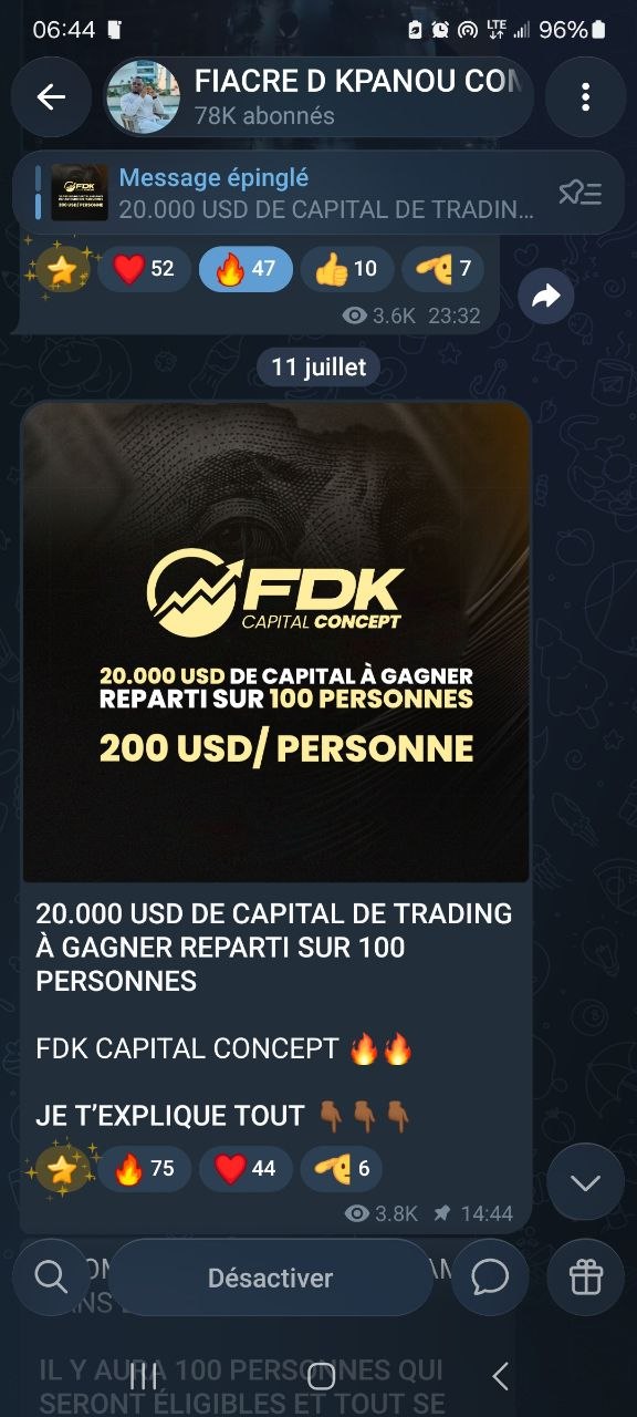 Message épinglé Telegram : 20.000 USD à gagner répartis sur 100 personnes